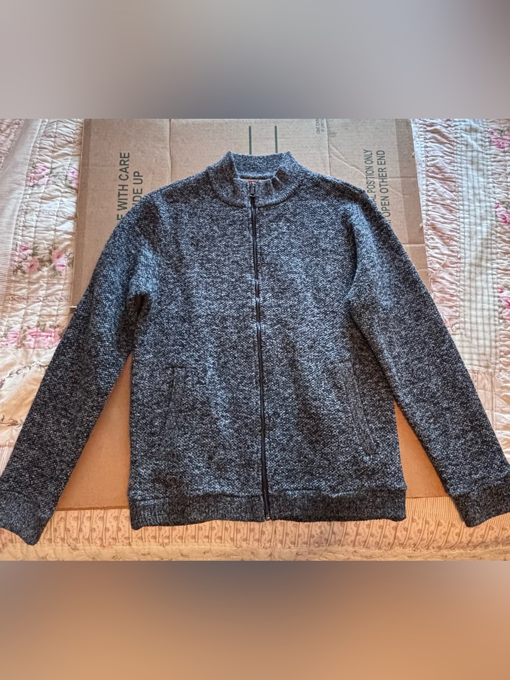 Men's Zip-Up Heathered Gray Knit Sweater Jacket